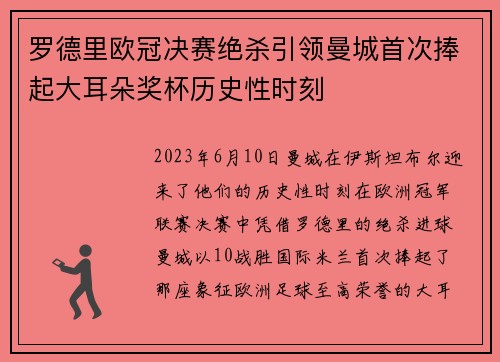 罗德里欧冠决赛绝杀引领曼城首次捧起大耳朵奖杯历史性时刻